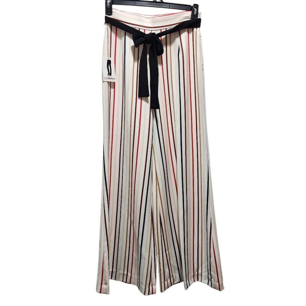 Lena Gabrielle career pants flat front wide leg stripe belted size 6 New